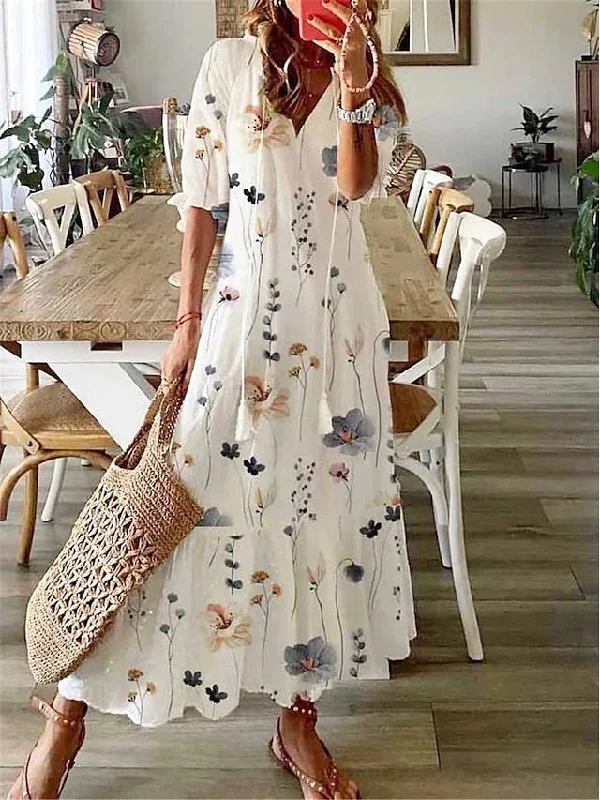 Women's Long Dress Maxi Dress Casual Dress A Line Dress Summer Dress Floral Fashion Casual Outdoor Daily Vacation Print Half Sleeve V Neck Dress Loose Fit White Yellow Summer Spring S M L XL XXL Fashionable High-Waist Maxi Dress