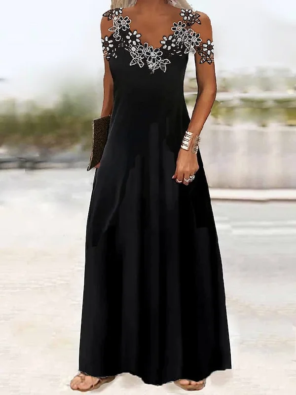 Women's Long Dress Maxi Dress Casual Dress Black Dress A Line Dress Floral Plain Fashion Casual Outdoor Daily Going out Lace Patchwork Sleeveless Strap Dress Regular Fit Black White Green Summer Casual Maxi Dress with Pockets