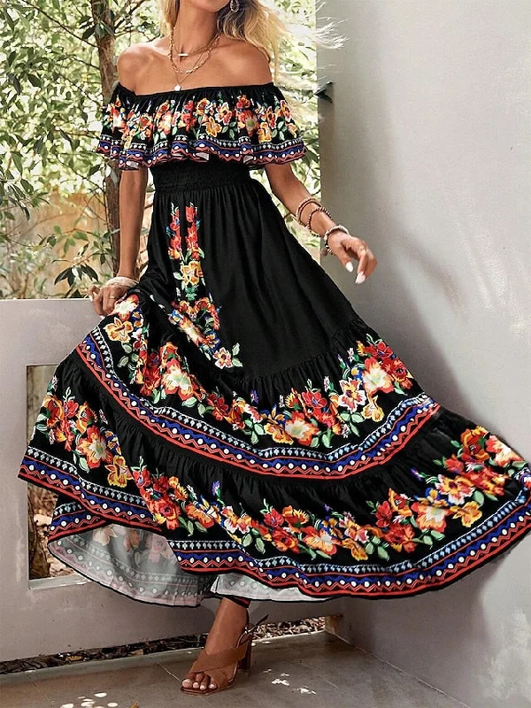 Women's Long Dress Maxi Dress Casual Dress Ethnic Dress A Line Dress Floral Retro Vintage Daily Holiday Vacation Ruffle Print Short Sleeve Off Shoulder Dress Regular Fit Black Summer Spring S M L XL Cozy Wrap Maxi Dress