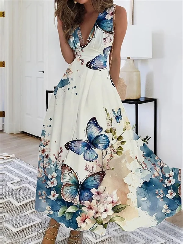 Women's Long Dress Maxi Dress Casual Dress Swing Dress A Line Dress Floral Butterfly Fashion Streetwear Outdoor Daily Date Print Sleeveless V Neck Dress Regular Fit Black White Yellow Summer Spring S Cozy Maxi Dress with Slit