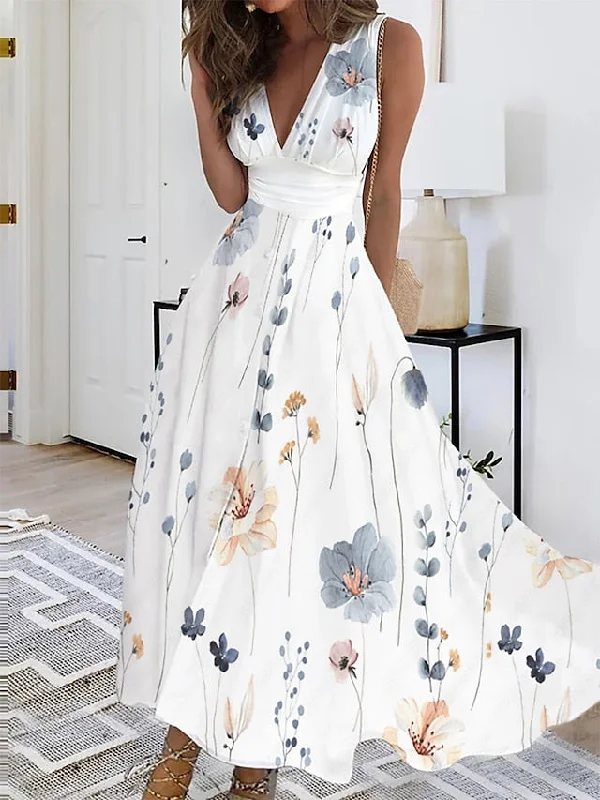 Women's Long Dress Maxi Dress Casual Dress Swing Dress A Line Dress Floral Fashion Streetwear Outdoor Daily Date Print Sleeveless V Neck Dress Regular Fit White Yellow Blue Summer Spring S M L XL XXL Stylish One-Shoulder Maxi Dress