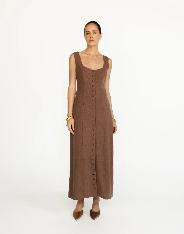 Joni Maxi Dress (Espresso) Trendy Button Front Maxi Dress