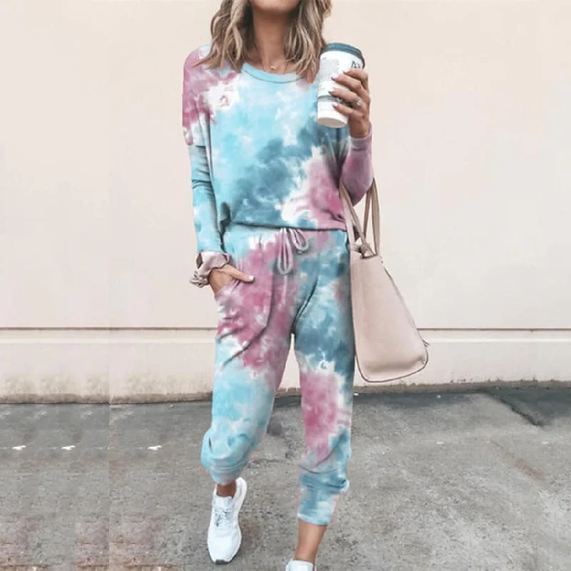 2-Piece Set: Women's Basic Tie Dye Sweatshirt Tracksuit Pants Sets Hoodie with Hood Adjustable Protection