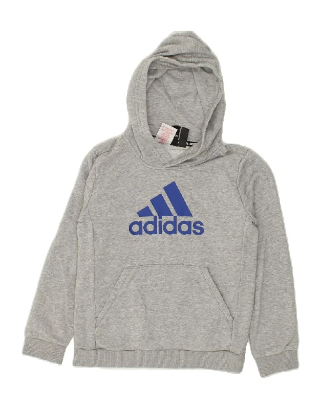 ADIDAS Boys Graphic Hoodie Jumper 9-10 Years Grey Cotton Hoodie with Ribbed Hem Stretchable Secure