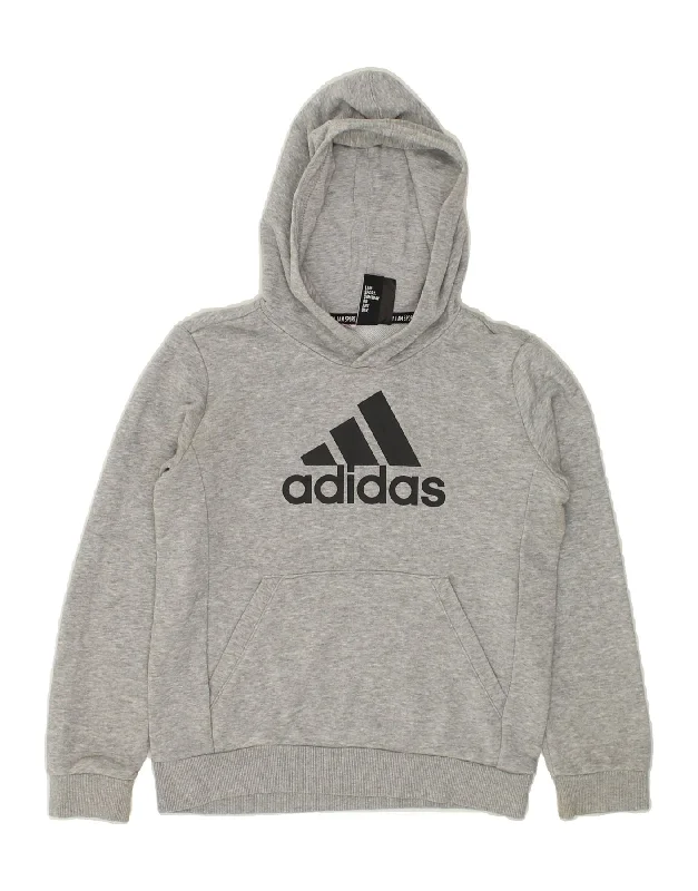 ADIDAS Boys Graphic Hoodie Jumper 9-10 Years Grey Hoodie with Hem Applique Textured Unique