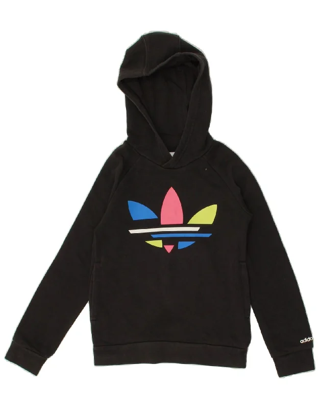 ADIDAS Girls Graphic Hoodie Jumper 7-8 Years Black Cotton Hoodie with Hood Adjustable Protection