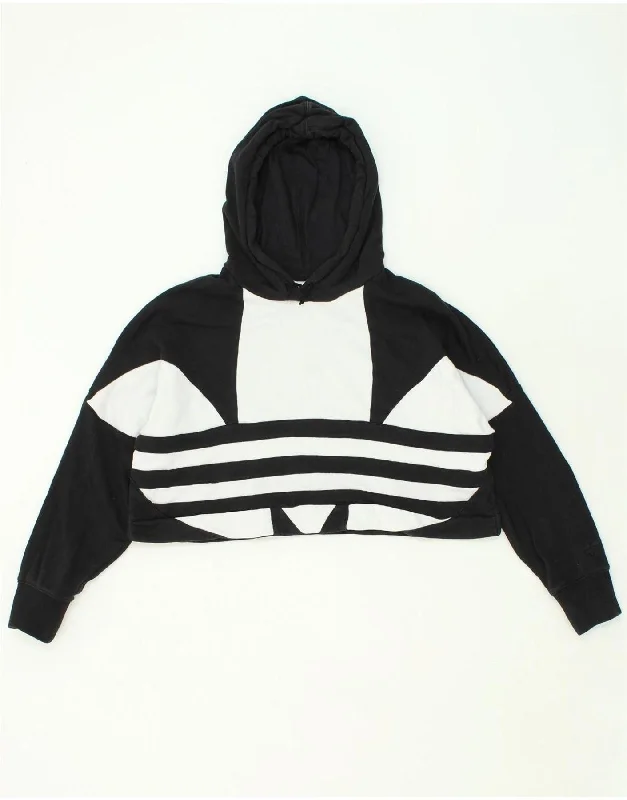 ADIDAS Womens Crop Graphic Hoodie Jumper UK 14 Large  Black Cotton Hoodie with Ribbed Hem Stretchable Secure