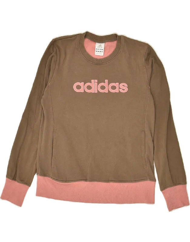 ADIDAS Womens Graphic Sweatshirt Jumper UK 10 Small Brown Hoodie with Puffed Sleeves Voluminous Trendy