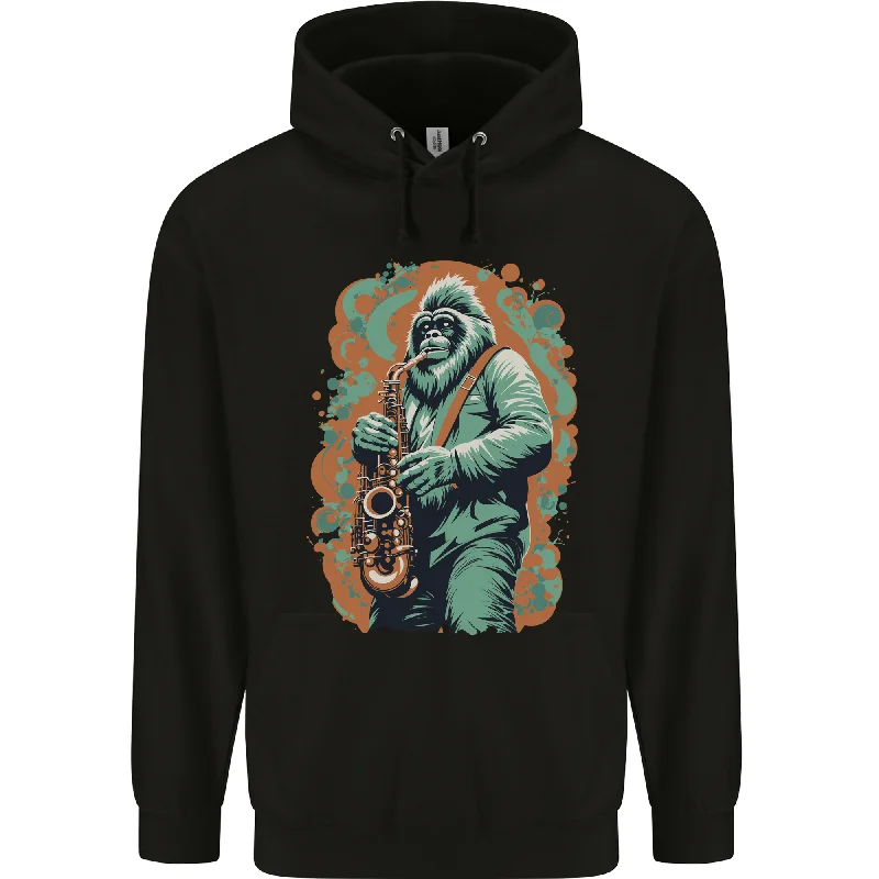 Bigfoot Playing the Saxophone Ape Gorilla Mens 80% Cotton Hoodie Hoodie with Lace Feminine Delicate