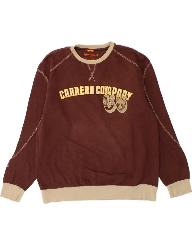 CARRERA Mens Graphic Sweatshirt Jumper 2XL Brown Cotton Hoodie with Hem Applique Textured Unique