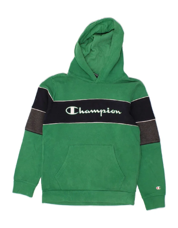 CHAMPION Boys Graphic Hoodie Jumper 11-12 Years Large  Green Colourblock Hoodie with Thumb Holes Functional Cozy