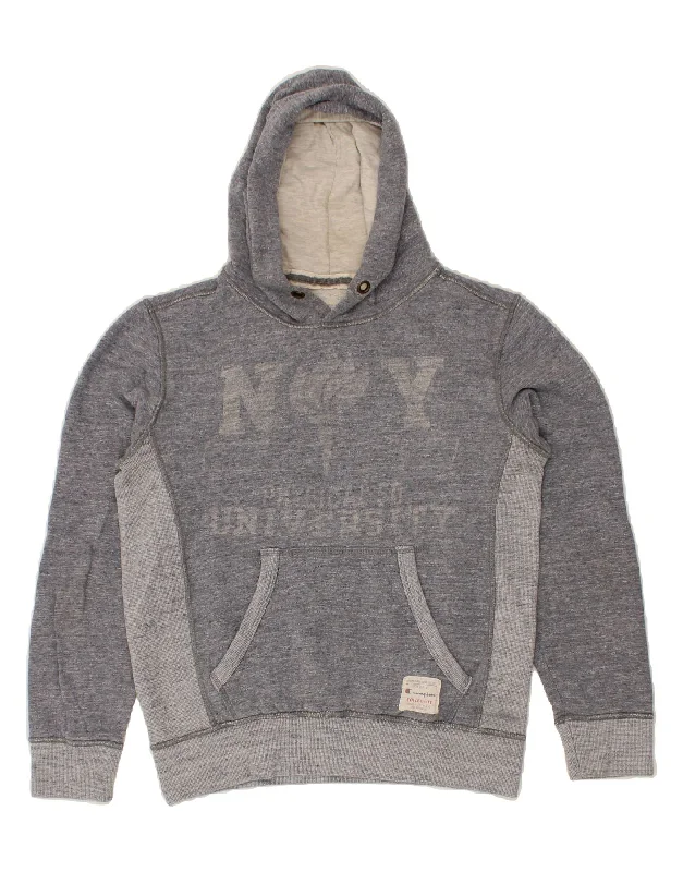 CHAMPION Mens Graphic Hoodie Jumper Medium Grey Colourblock Cotton Graphic Hoodie Design Print