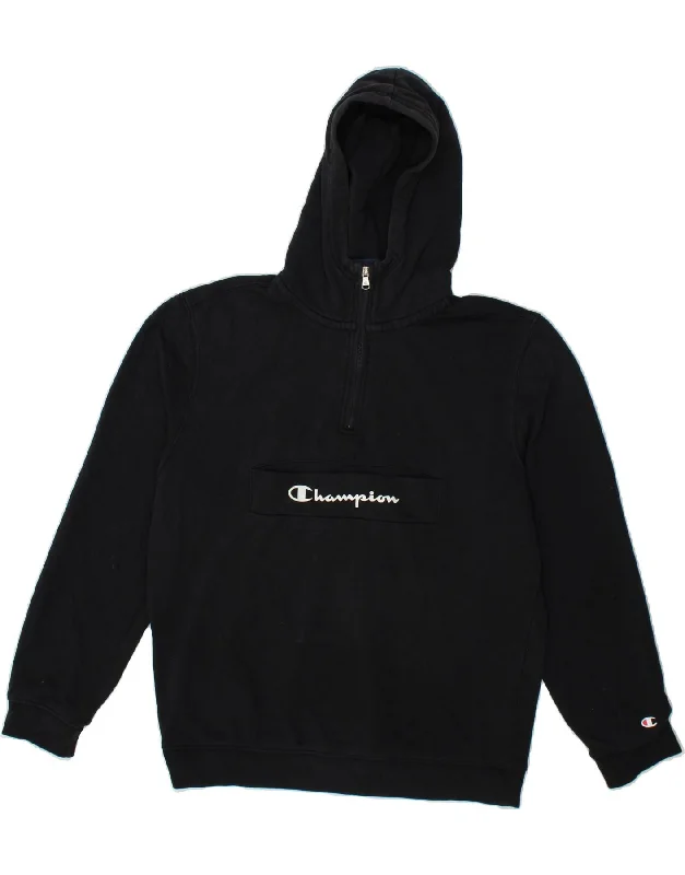 CHAMPION Mens Graphic Zip Neck Hoodie Jumper Medium Black Cotton Hoodie with Hidden Zipper Minimalist Clean