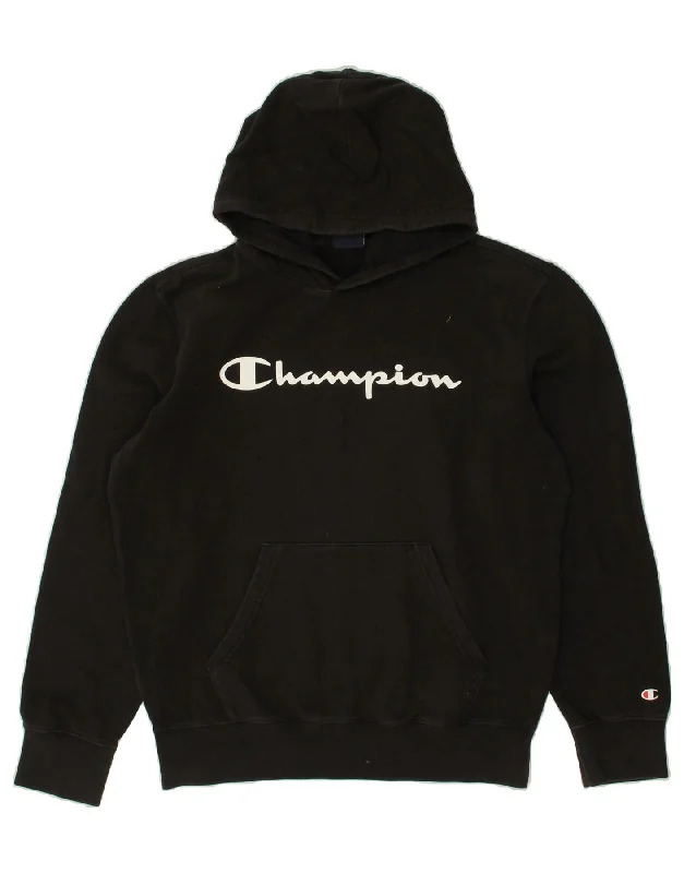 CHAMPION Womens Graphic Hoodie Jumper UK 14 Medium Black Hoodie with Turtle Neck Cozy Winter