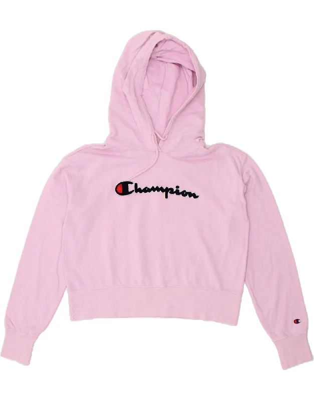 CHAMPION Womens Graphic Hoodie Jumper UK 16 Large Pink Cotton Hoodie with Button Placket Classic Preppy