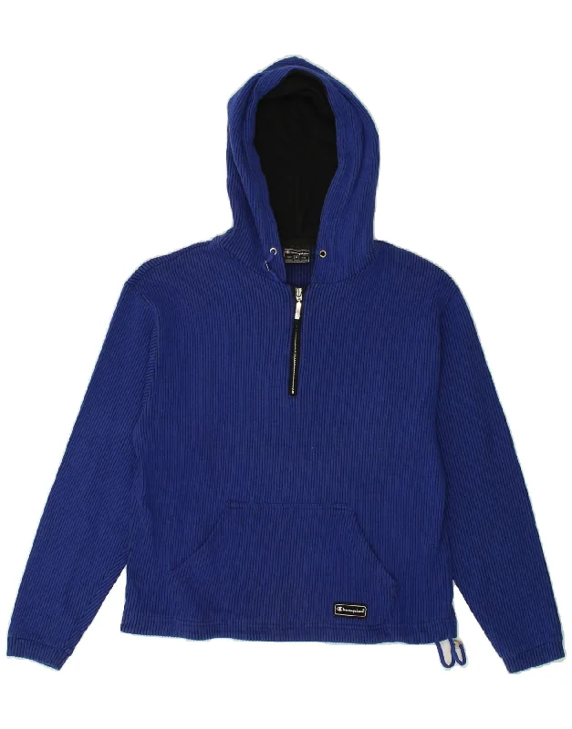 CHAMPION Womens Hoodie Jumper UK 14 Medium Blue Cotton Hoodie with Ribbed Hem Stretchable Secure