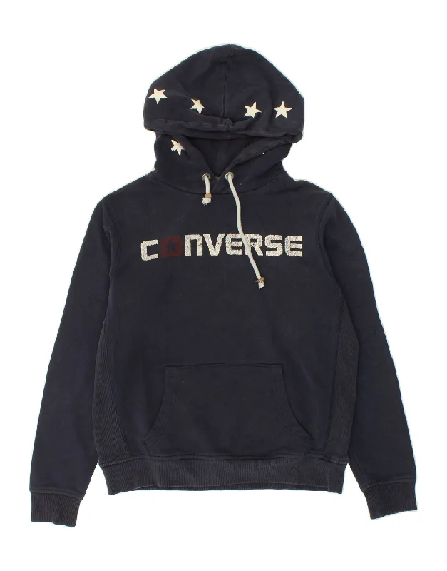 CONVERSE Mens Graphic Hoodie Jumper Large Navy Blue Cotton Graphic Hoodie Design Print