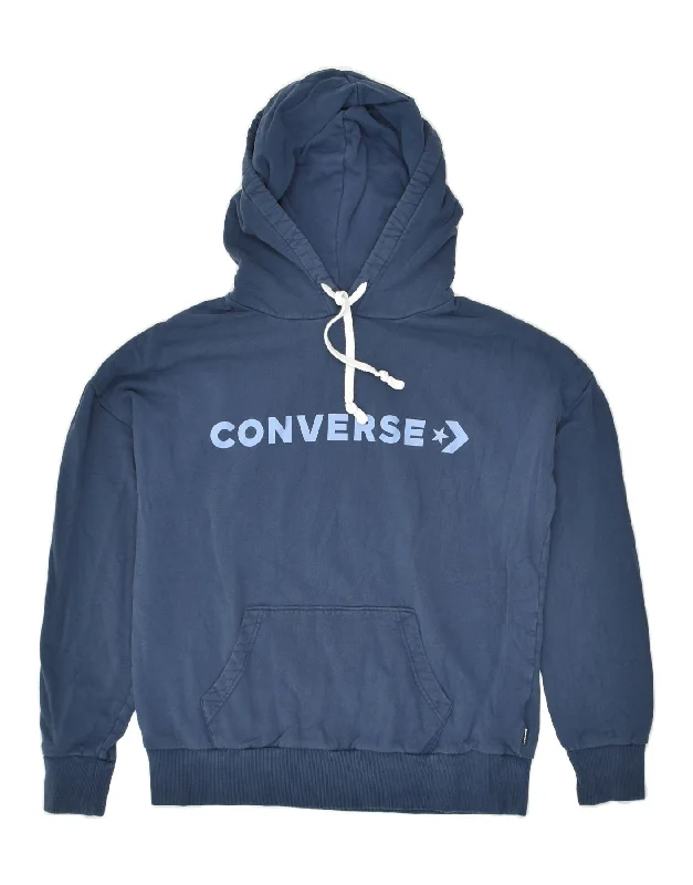 CONVERSE Mens Graphic Hoodie Jumper XS Navy Blue Cotton Hoodie with Hem Ribbing Snug Secure