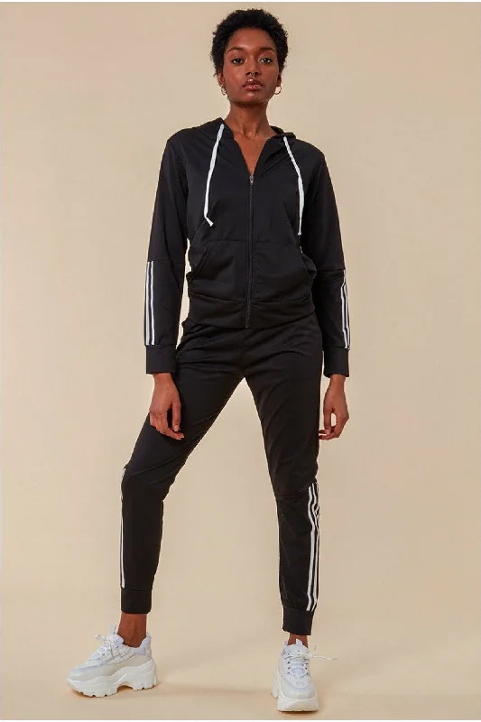 Cosmochic Stripe Detail Hooded Tracksuit Set - Black Hoodie with Mock Neck Collared Structured