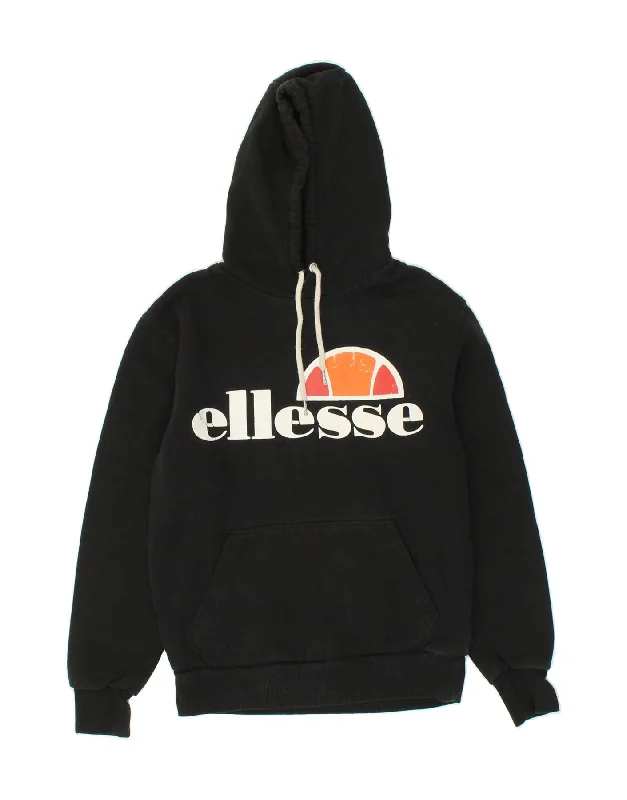 ELLESSE Womens Graphic Hoodie Jumper UK 12 Medium Black Cotton Hoodie with Snap Buttons Easy Quick