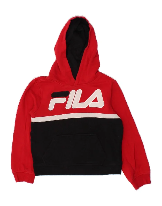 FILA Boys Graphic Hoodie Jumper 5-6 Years Black Colourblock Cotton Hoodie with Raw Hem Edgy Unfinished