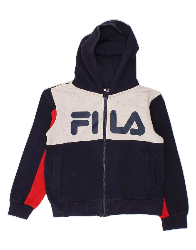 FILA Boys Graphic Zip Hoodie Sweater 9-10 Years Navy Blue Colourblock Hoodie with Applique Textured Unique