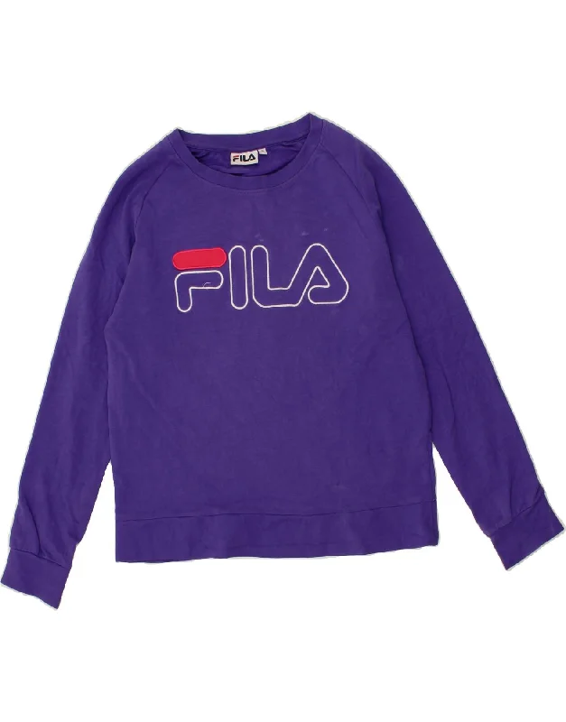 FILA Womens Graphic Sweatshirt Jumper UK 10 Small Purple Hoodie with Raglan Sleeves Sporty Comfortable