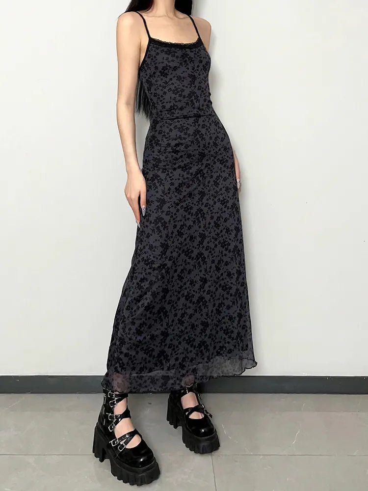 Grunge Floral Printed Maxi Dress Comfortable Maxi Dress with Slits