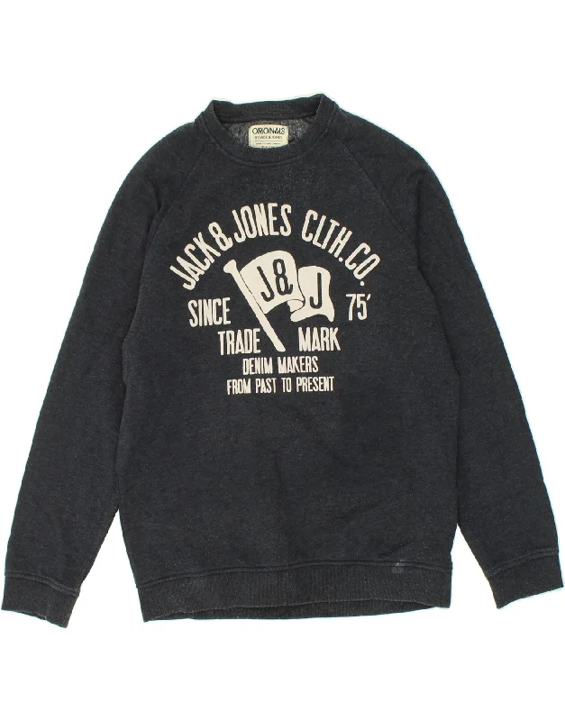 JACK & JONES Mens Graphic Sweatshirt Jumper Large Navy Blue Cotton Hooded Sweatshirt Casual Wear Street Style