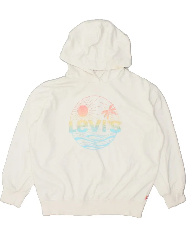 LEVI'S Girls Graphic Hoodie Jumper 15-16 Years White Cotton Hoodie with Magnetic Closure Innovative Modern