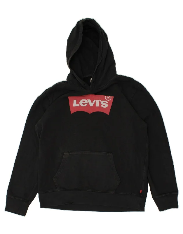 LEVI'S Mens Graphic Hoodie Jumper Large Black Cotton Hoodie with Pastel Soft Subtle