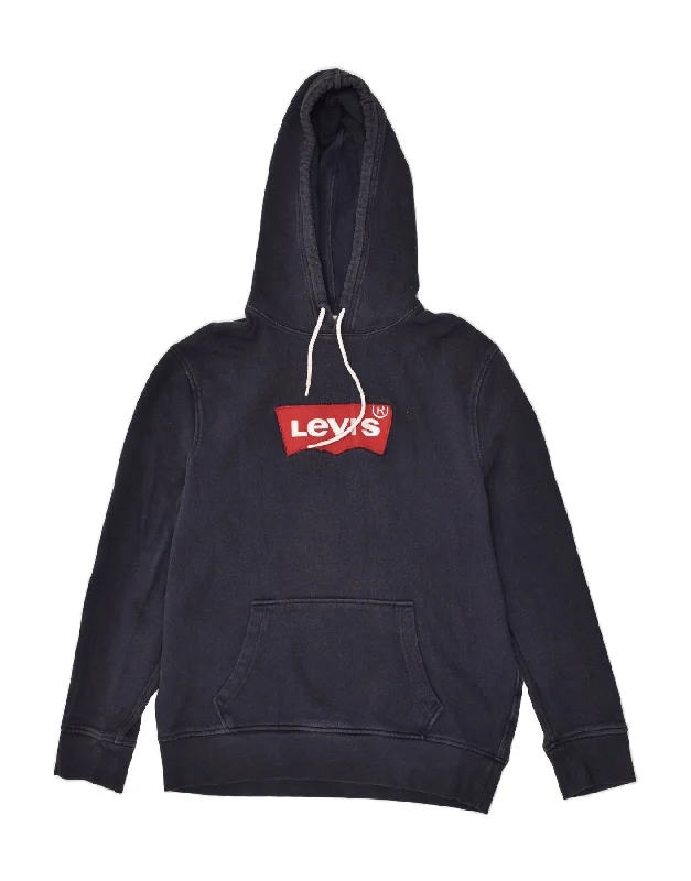 LEVI'S Mens Graphic Hoodie Jumper Large Navy Blue Cotton Hoodie with Emblem Brand Identity