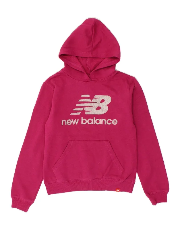 NEW BALANCE Girls Graphic Hoodie Jumper 10-11 Years Medium  Pink Cotton Hoodie with Hem Drawcord Adjustable Customizable