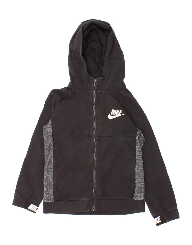 NIKE Boys Graphic Zip Hoodie Sweater 8-9 Years Small Black Colourblock Hoodie with Typography Text Message