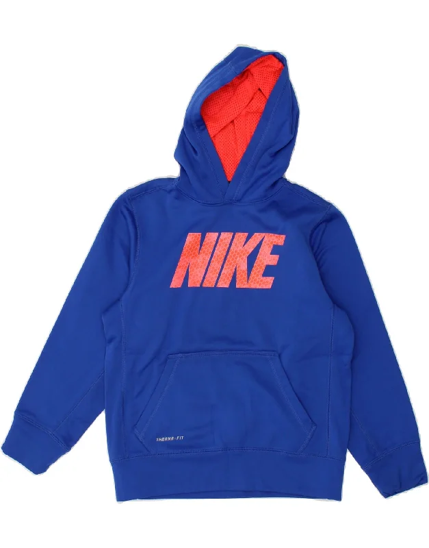 NIKE Boys Therma-Fit Graphic Hoodie Jumper 10-11 Years Medium Blue Hoodie with Cropped Fit Short Trendy