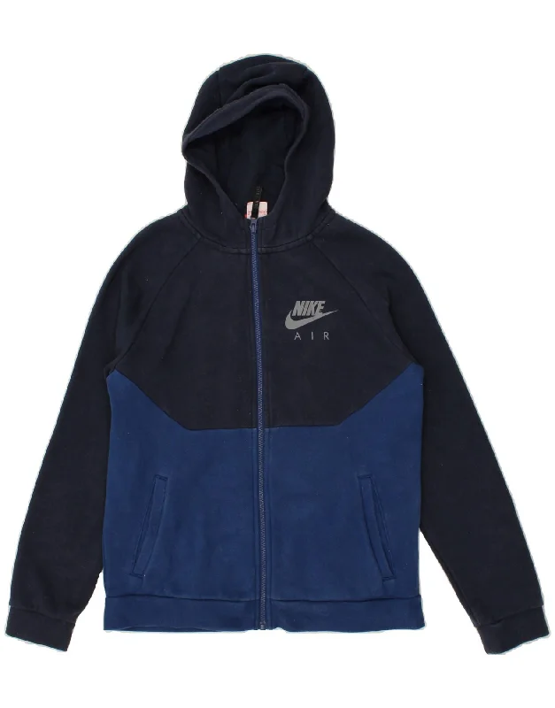 NIKE Boys Zip Hoodie Sweater 13-14 Years XL Navy Blue Colourblock Hoodie with Drop Shoulder Relaxed Streetwear