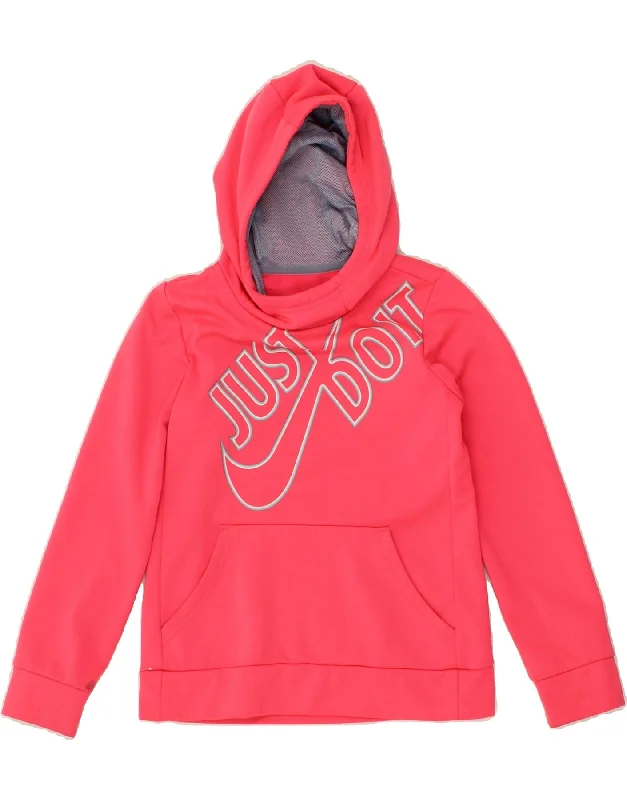 NIKE Girls Dri Fit Graphic Hoodie Jumper 8-9 Years Medium Pink Polyester Hoodie with High Neck Warm Protective