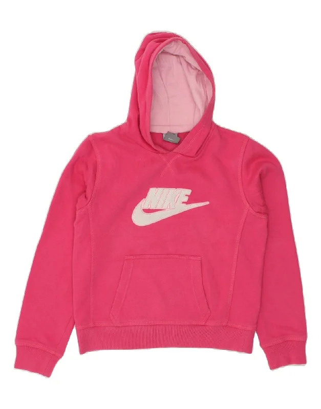 NIKE Girls Graphic Hoodie Jumper 12-13 Years Large Pink Cotton Hoodie with Hem Frayed Vintage Worn