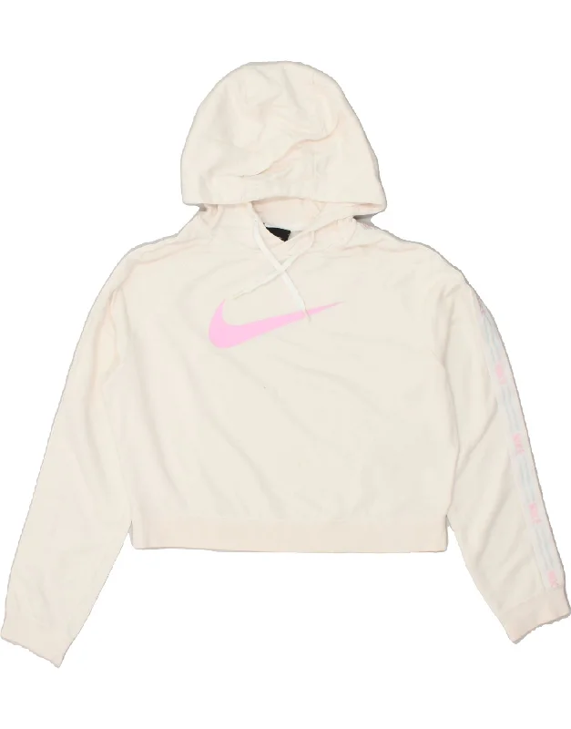 NIKE Womens Graphic Crop Hoodie Jumper UK 14 Medium Off White Hoodie with Button Placket Classic Preppy