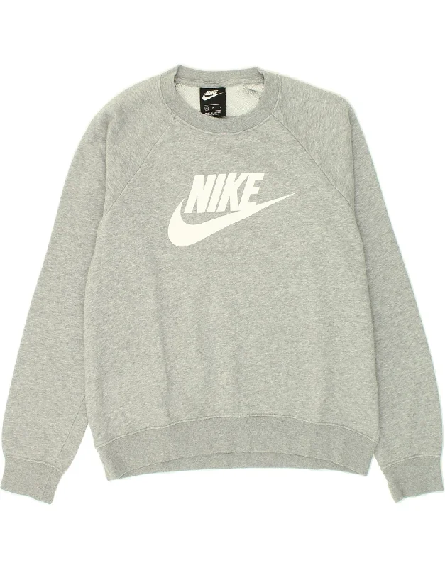 NIKE Womens Graphic Sweatshirt Jumper UK 14 Medium Grey Cotton Hoodie with Color Block Contrast Stylish