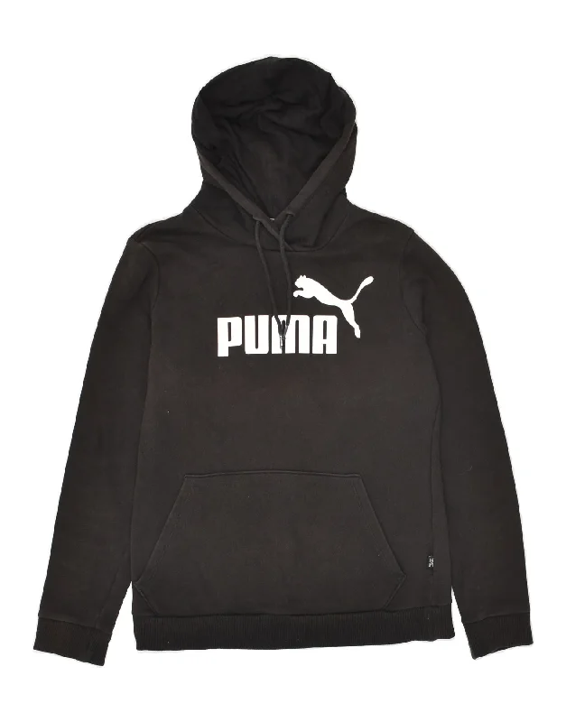 PUMA Womens Graphic Hoodie Jumper UK 10 Small Black Cotton Hoodie with High-Low Hem Asymmetrical Trendy