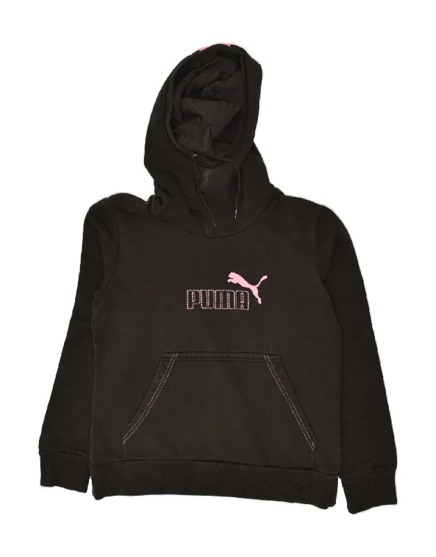 PUMA Womens Graphic Hoodie Jumper UK 14 Large Black Cotton Hoodie with Neon Bright Vibrant