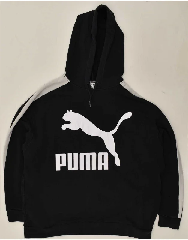 PUMA Womens Oversized Graphic Hoodie Jumper UK 14 Large  Black Cotton Hoodie with Hem Lace Feminine Delicate