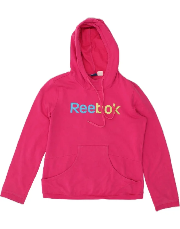 REEBOK Womens Graphic Hoodie Jumper UK 16 Large Pink Cotton Hoodie with Longline Fit Extended Stylish