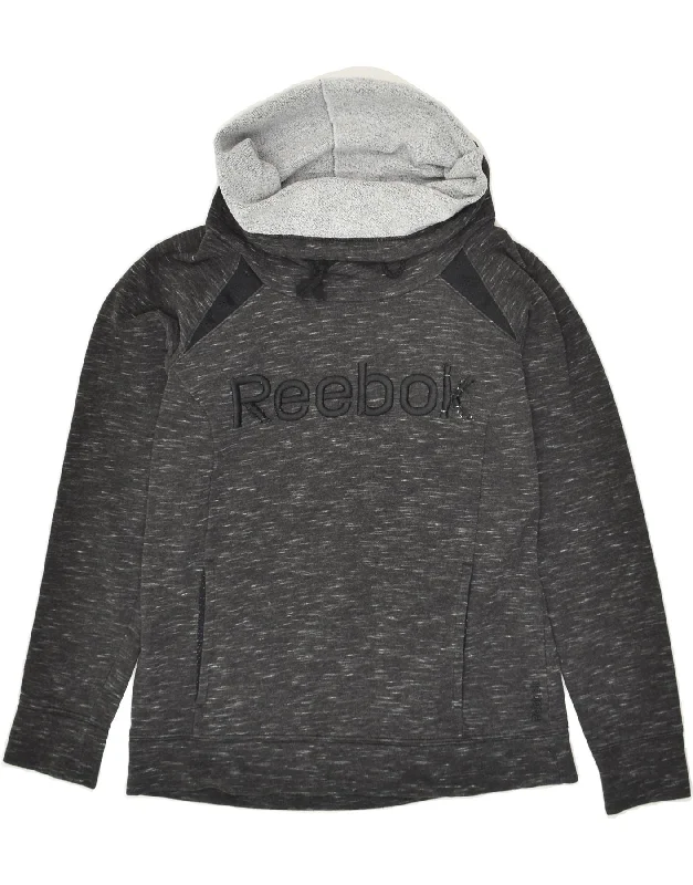 REEBOK Womens Graphic Roll Neck Sweatshirt Jumper UK 12 Medium Grey Hoodie with Logo Branding Identity