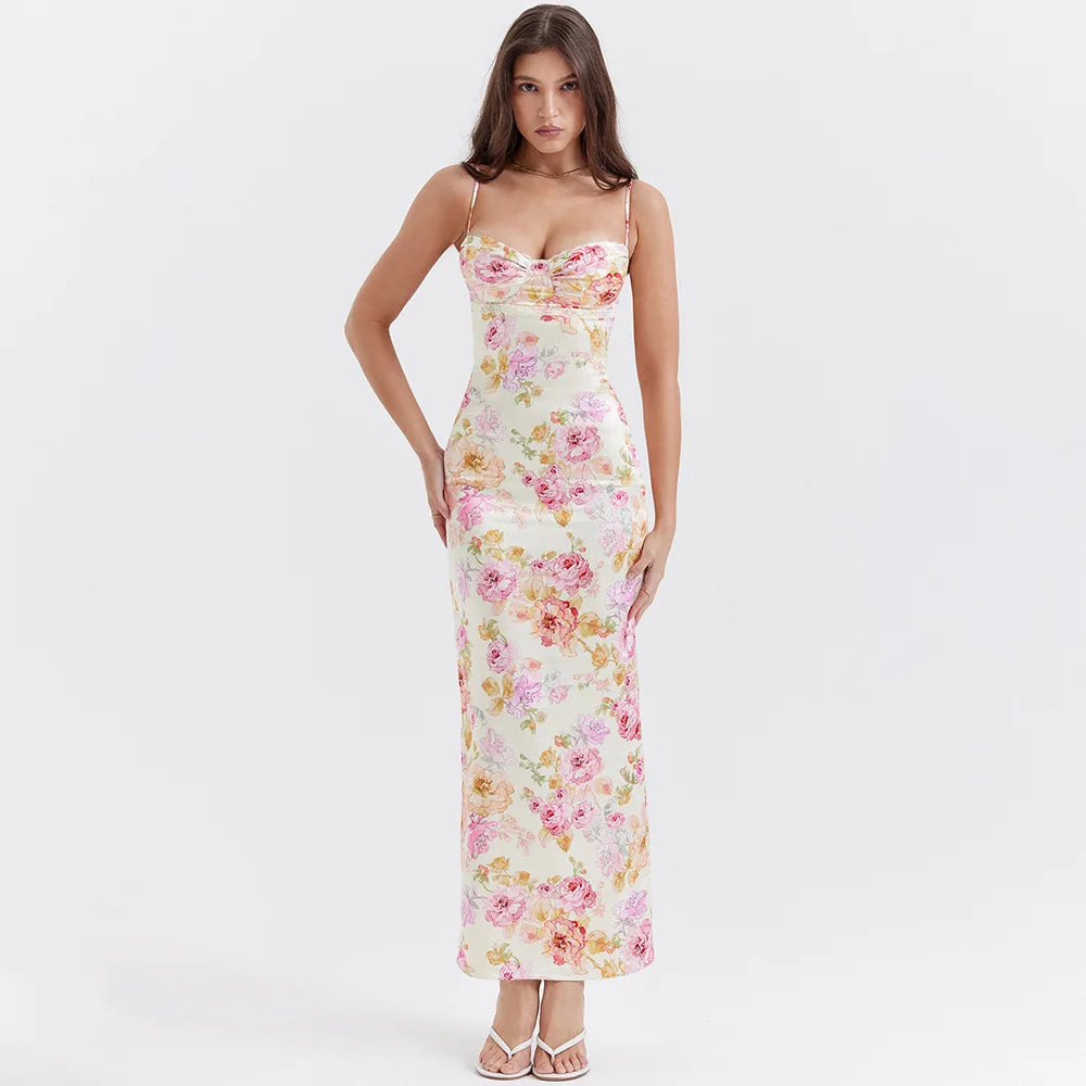 Satin Floral Pencil Maxi Dress Elegant Maxi Dress with Pockets