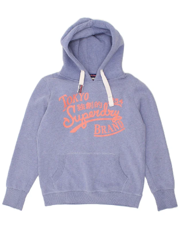 SUPERDRY Womens Graphic Hoodie Jumper UK 14 Medium Blue Cotton Hoodie with Lace Feminine Delicate