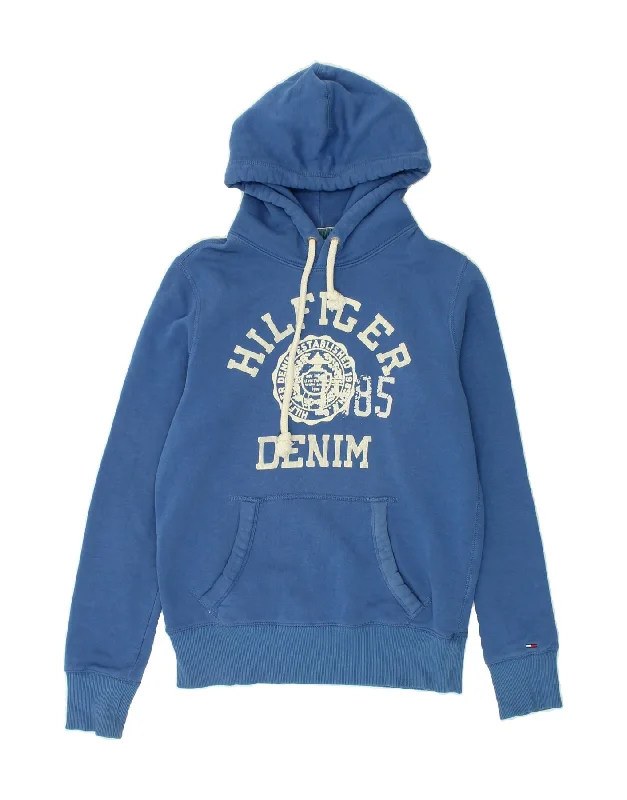 TOMMY HILFIGER Mens Graphic Hoodie Jumper Small Blue Cotton Hoodie with Pastel Soft Subtle