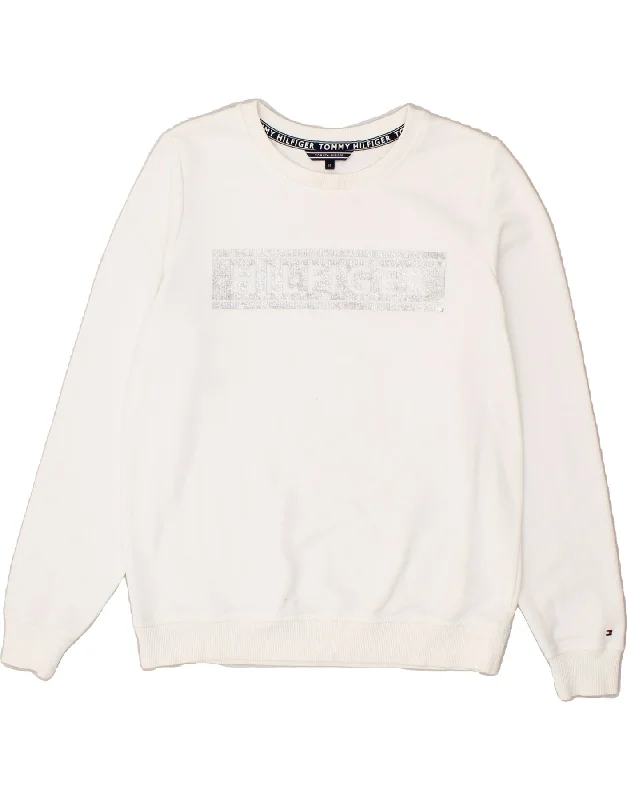 TOMMY HILFIGER Womens Graphic Sweatshirt Jumper UK 14 Medium White Hoodie with High-Low Hem Asymmetrical Trendy