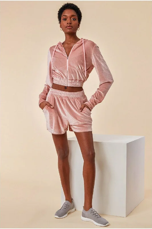 Cosmochic Velour Hoodie & Short Set - Pink Hoodie with Cuffed Sleeves Snug Secure